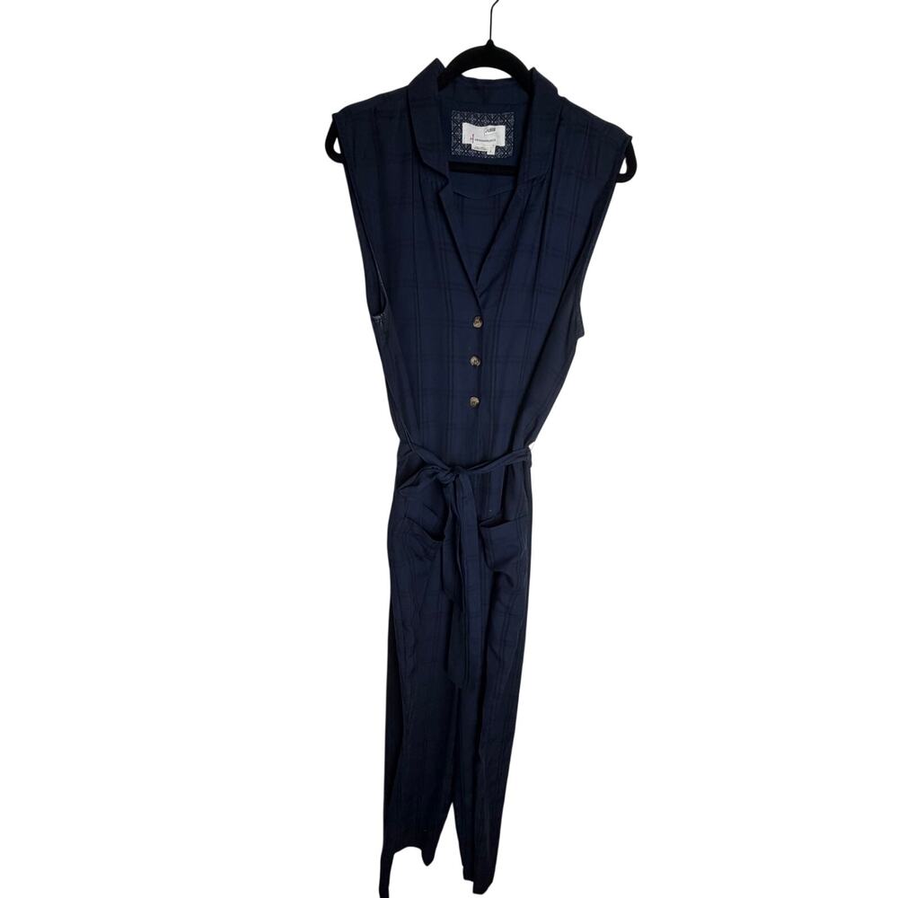 Anthropologie Navy Tencel Plaid Tie-Waist Jumpsuit Size Large
